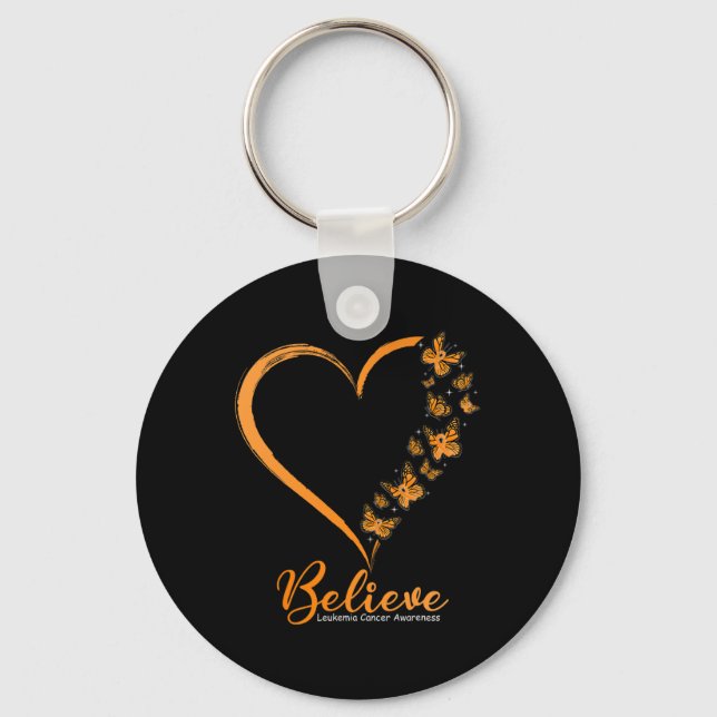 Butterfly Believe Leukaemia Awareness Orange Ribbo Keychain (Front)