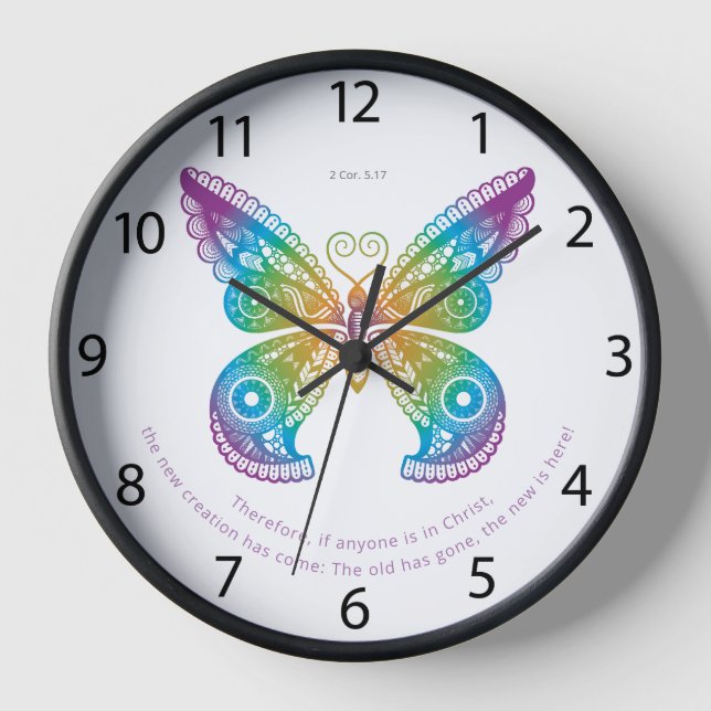 Butterfly Bible Verse New Beginning 2 Cor. 5.17 Clock (Front)