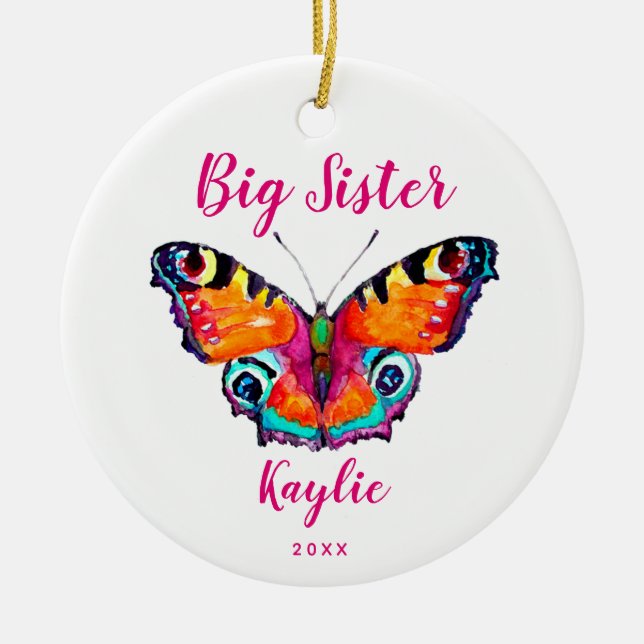 Butterfly Big Sister Personalized Custom Christmas Ceramic Ornament (Front)
