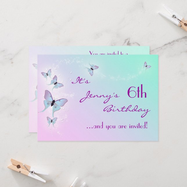 Butterfly Birthday Invitation Card (Front/Back In Situ)