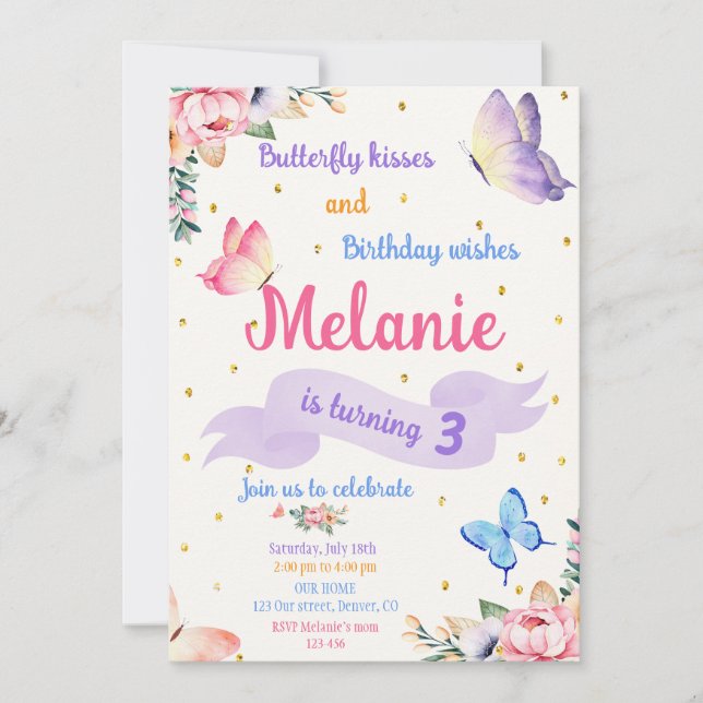 Butterfly Birthday Invitation Floral Party invite (Front)