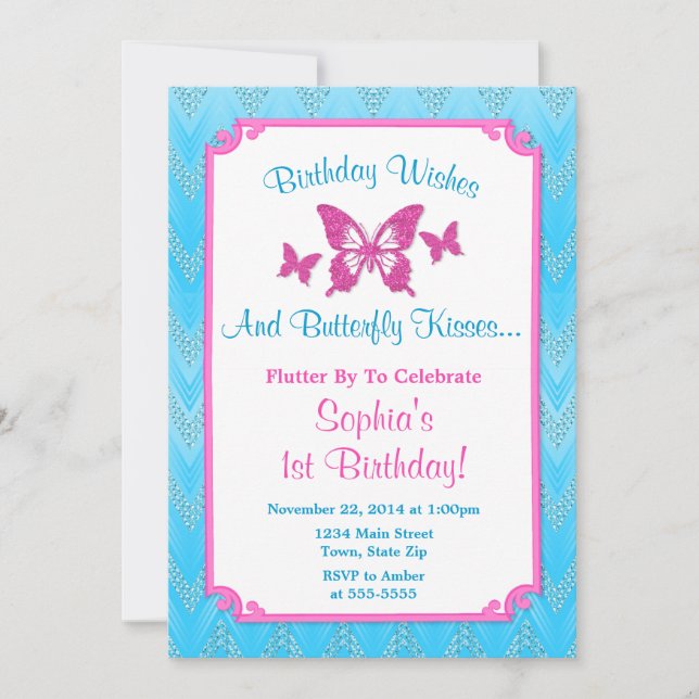 Butterfly Birthday Invitation Pink 1st Birthday (Front)
