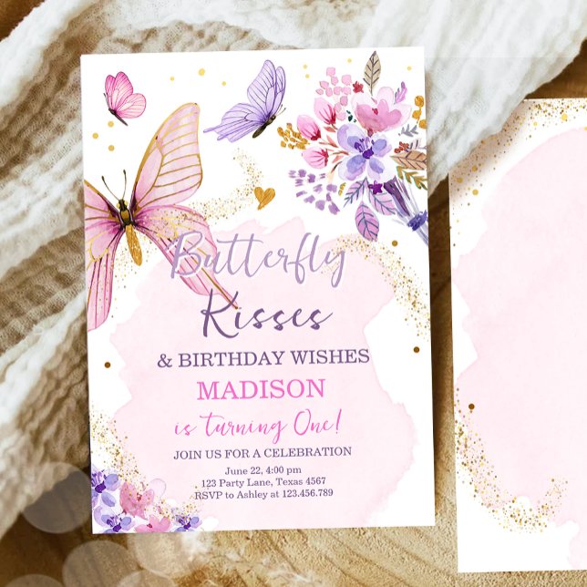 Butterfly Birthday Kisses Purple Floral Pink Girl  Invitation (Creator Uploaded)