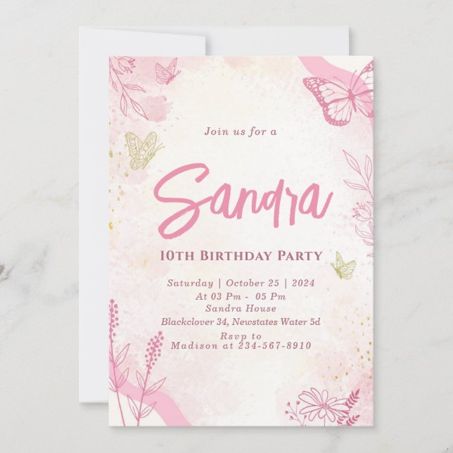 Butterfly Birthday Party Editable Invitation (Front)