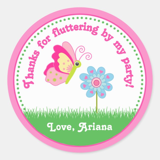 Butterfly Birthday Party Favour Tag Sticker (Front)