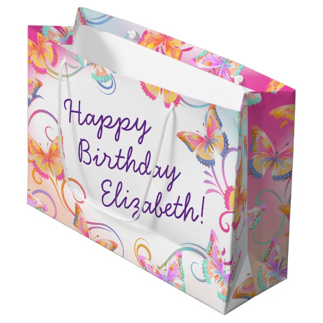 Butterfly Birthday Party Kids Colourful  Large Gift Bag (Front Angled)