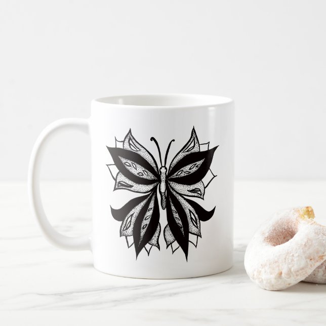 Butterfly Black And White Tribal Tattoo Coffee Mug (With Donut)
