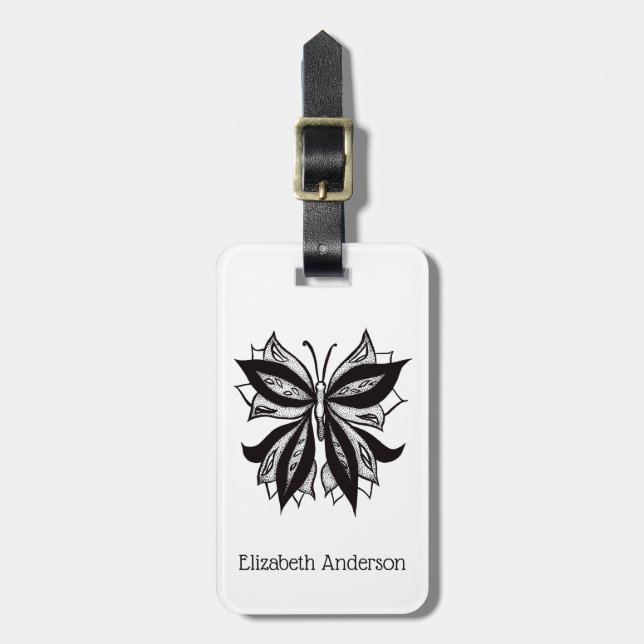 Butterfly Black And White Tribal Tattoo Luggage Tag (Front Vertical)