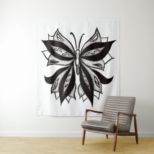 Butterfly Black And White Tribal Tattoo Tapestry