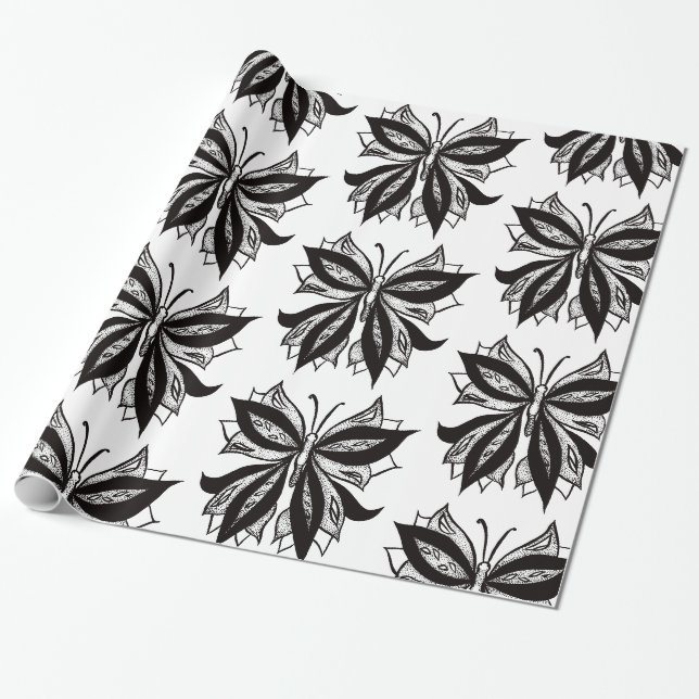 Butterfly Black And White Tribal Tattoo Wrapping Paper (Unrolled)
