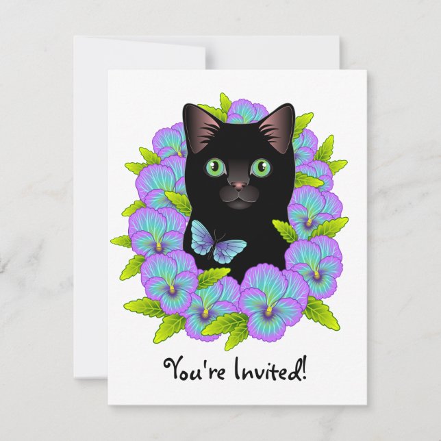 Butterfly Black Cat cute and girly Birthday invite (Front)