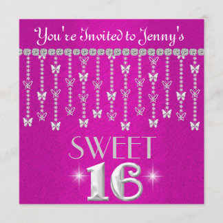Butterfly BLING SWEET 16 HOT PINK Invitation