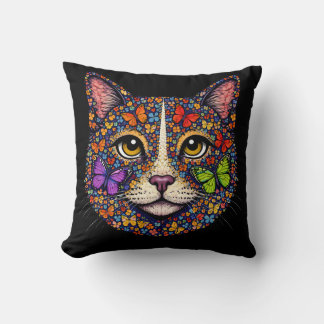 Butterfly Bloom Color Cat Portrait Cats Mom Black Throw Pillow