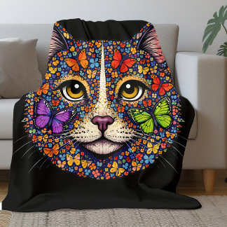 Butterfly Bloom Colour Cat Portrait Cats Mom Black Fleece Blanket
