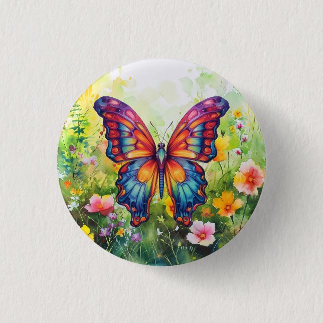 Butterfly Blue Orange Wings 1 Inch Round Button (Front)