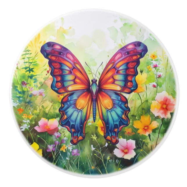 Butterfly Blue Orange Wings Ceramic Knob (Front)