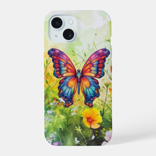 Butterfly Blue Orange Wings iPhone 15 Case (Back)