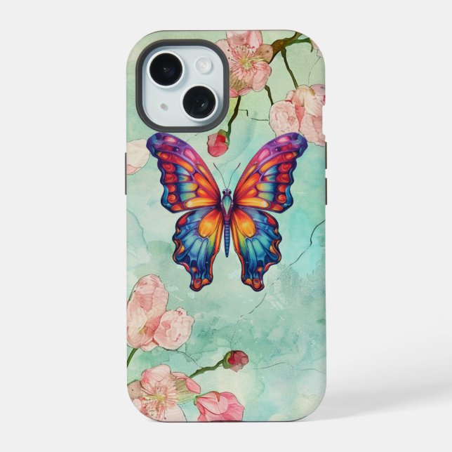 Butterfly Blue Orange Wings iPhone 15 Case (Back)