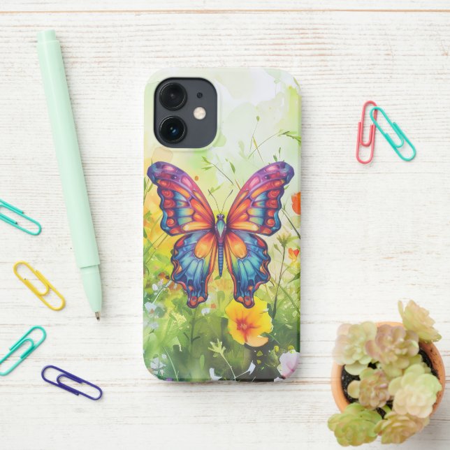 Butterfly Blue Orange Wings iPhone Case (On Desk)