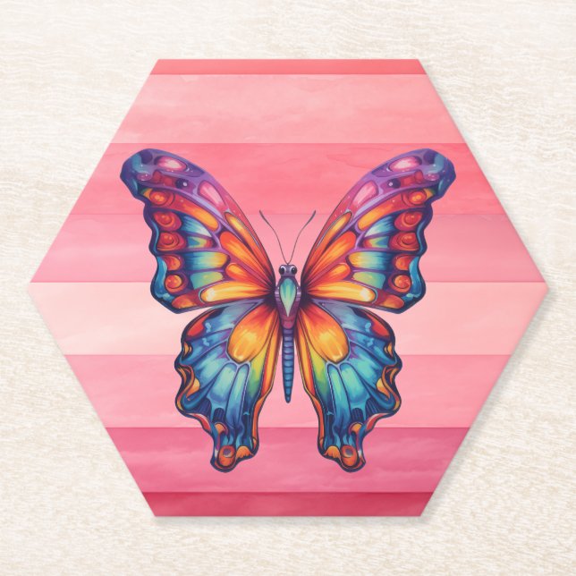 Butterfly Blue Orange Wings Paper Coaster (Front)