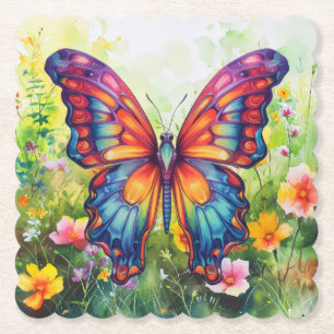 Butterfly Blue Orange Wings Paper Coaster