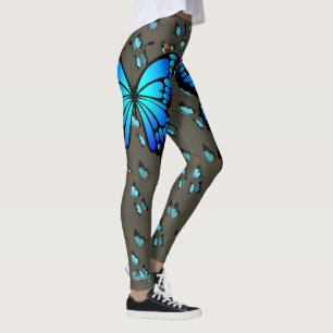 Butterfly Blue Teal on Grey Leggings S to XL