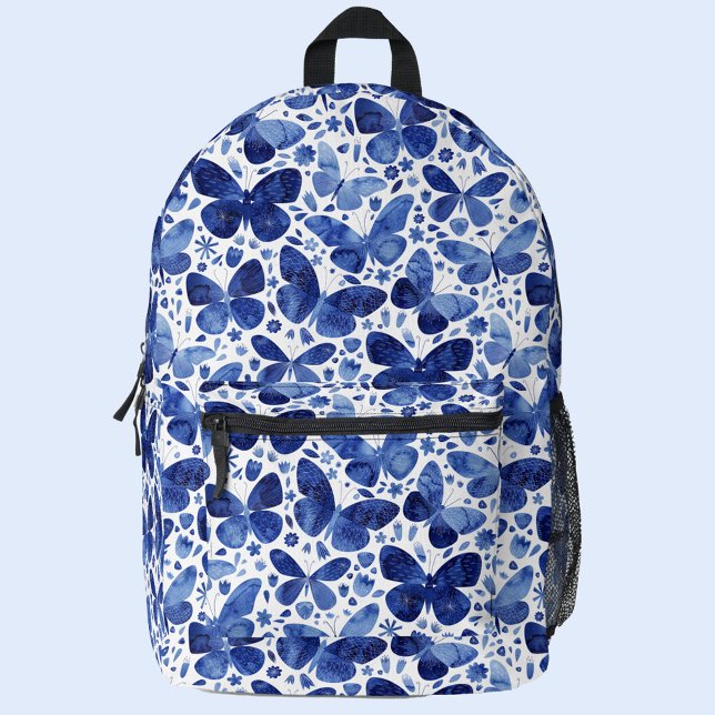 Butterfly Blue Watercolor Printed Backpack (Navy indigo blue and white watercolor butterfly pattern backpack)