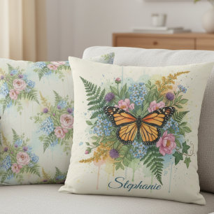 Butterfly botanical watercolor pink blue throw pillow