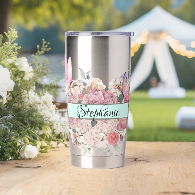 Butterfly Botanicals Personalized Elegant Flowers Insulated Tumbler (Wedding)