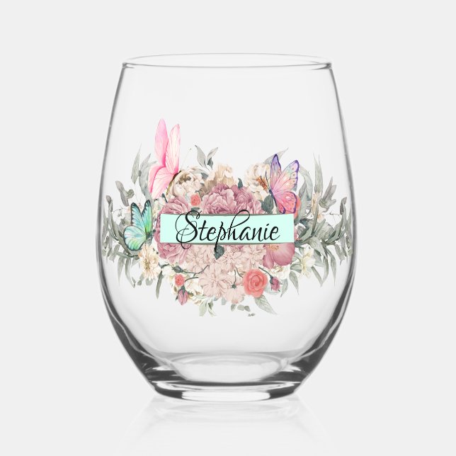 Butterfly Botanicals Personalized Elegant flowers Stemless Wine Glass (Front)