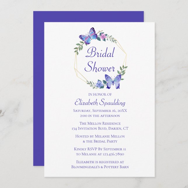 Butterfly Bridal Shower Butterflies Blue Spring Invitation (Front/Back)