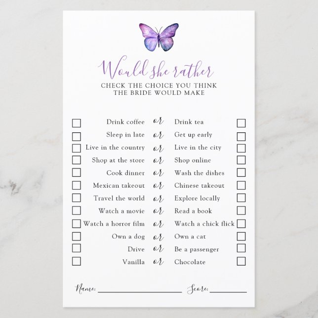 Butterfly Bridal Shower Would she rather game  (Front)