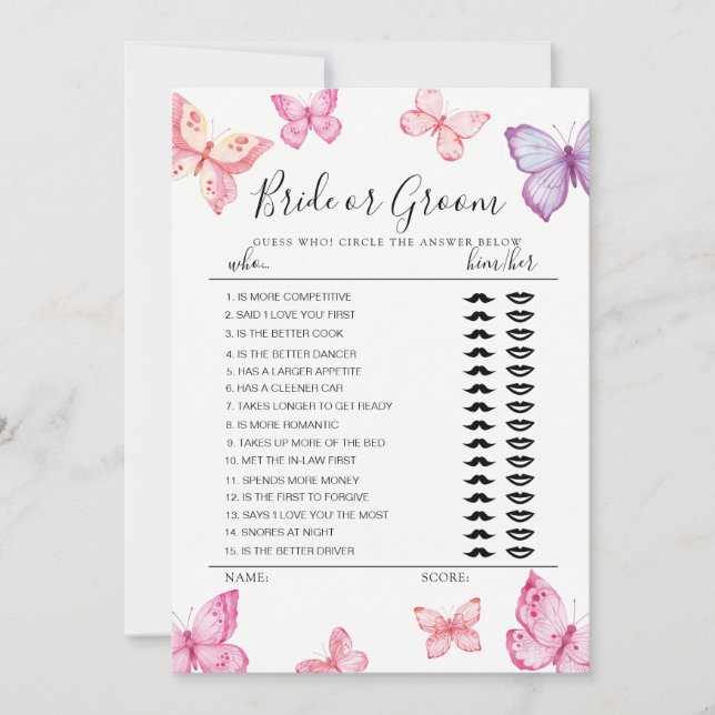 Butterfly Bride or Groom game fully editable card (Front)