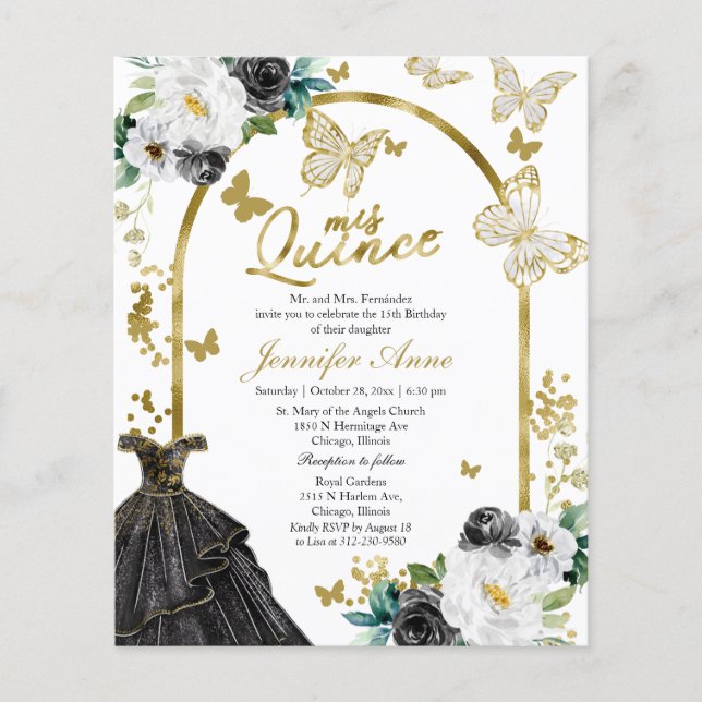 Butterfly Budget Quince Invitations Black Dress (Front)