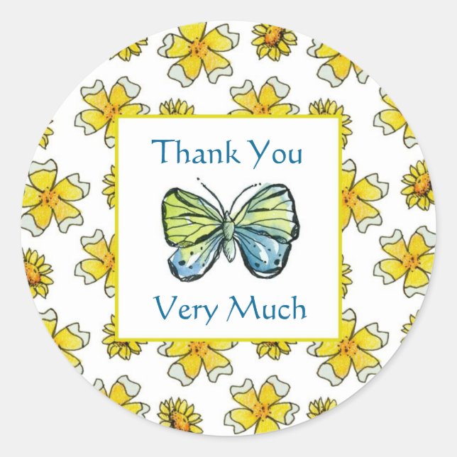 Butterfly Buttercup Watercolor Flowers Thank You Classic Round Sticker (Front)