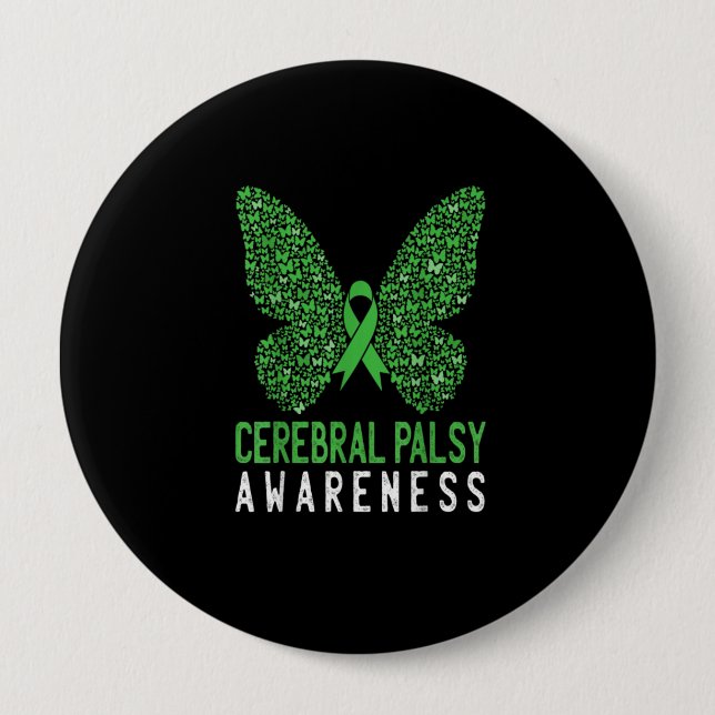 Butterfly Cerebral Palsy Awareness Green Ribbon 4 Inch Round Button (Front)