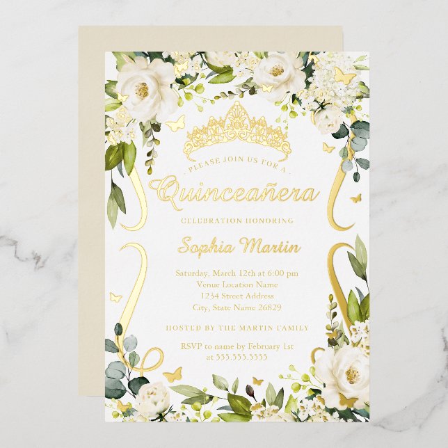 Butterfly Champagne Floral Gold Quinceanera   (Front/Back)