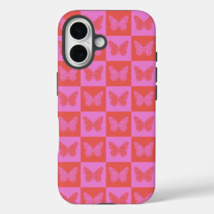 Butterfly Chequered Pattern in Pink and Red iPhone 16 Case