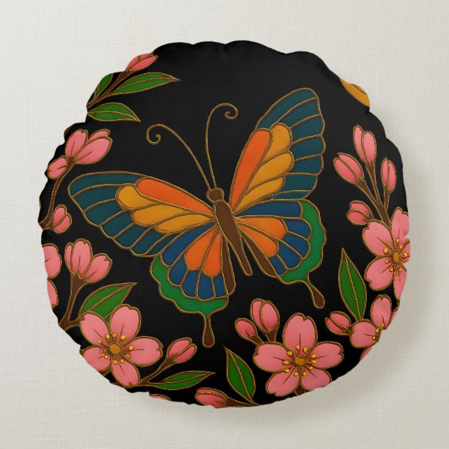Butterfly Cherry Blossom Moon Round Pillow (Front)