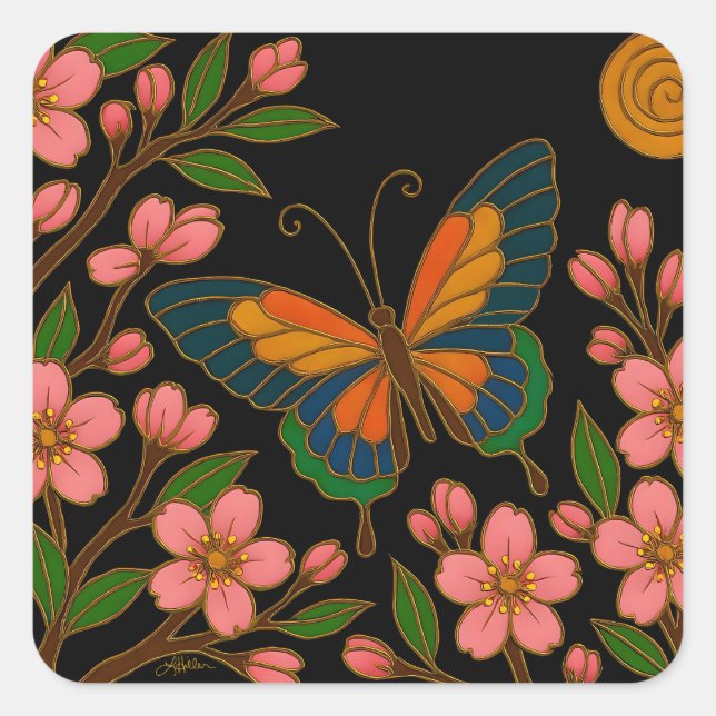 Butterfly Cherry Blossom Moon Square Sticker (Front)