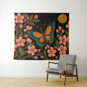 Butterfly Cherry Blossom Moon Tapestry