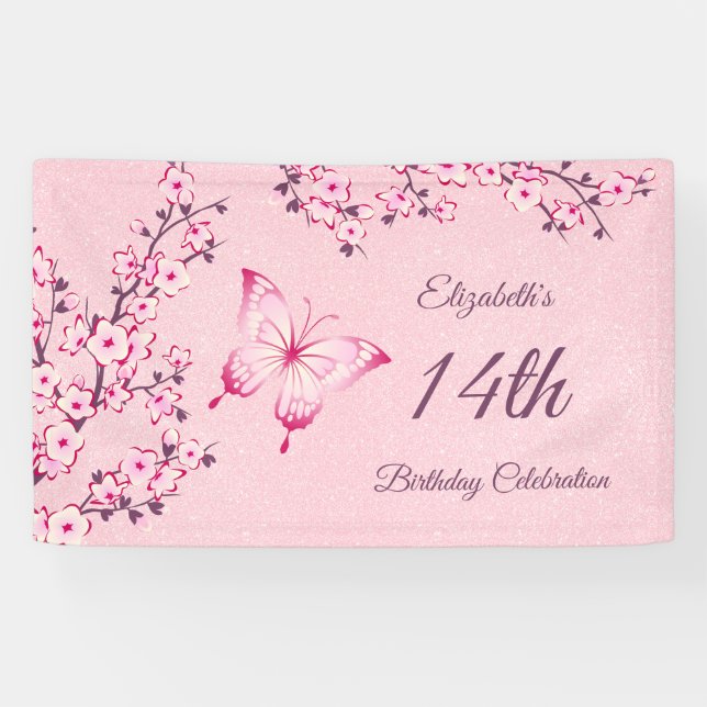 Butterfly Cherry Blossoms Pink Glitter  Banner (Horizontal)