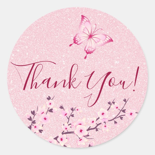Butterfly Cherry Blossoms Pink Glitter Thank You Classic Round Sticker
