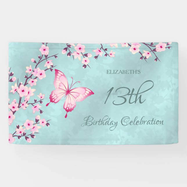 Butterfly Cherry Blossoms Pink Turquoise Banner (Horizontal)