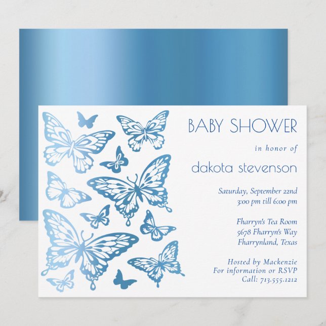 Butterfly Chic | Classic Blue Shine Baby Shower Invitation (Front/Back)