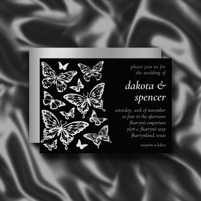 Butterfly Chic Wedding | Black and Silver Grey Invitation (Creator Uploaded)