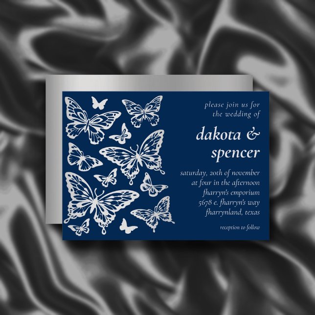 Butterfly Chic Wedding | Navy Blue and Silver Grey Invitation (Creator Uploaded)