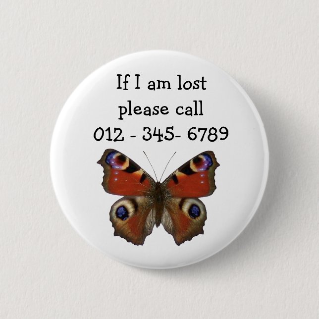 Butterfly,  Child Emergency Contact 2 Inch Round Button (Front)