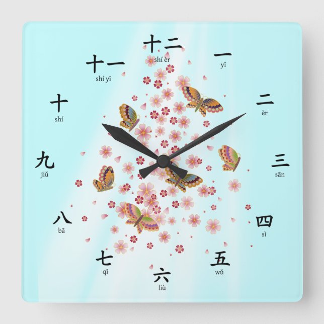 Butterfly Chinese Numbers Pinyin Phonetics Square Wall Clock (Front)