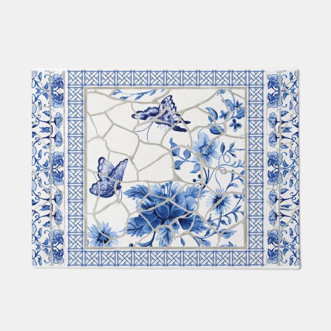 Butterfly Chinoiserie Chic Flowers Blue and White Doormat (Front)